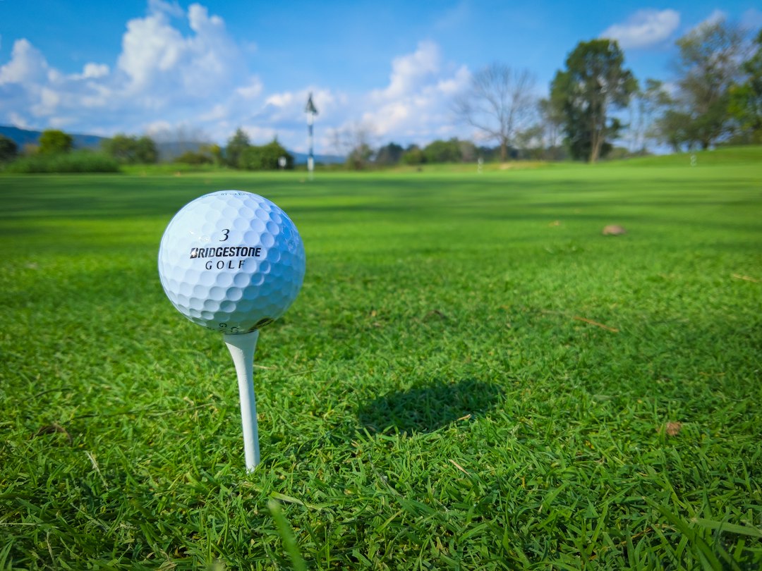 A golf ball perched on a tee with the flag beyond it
