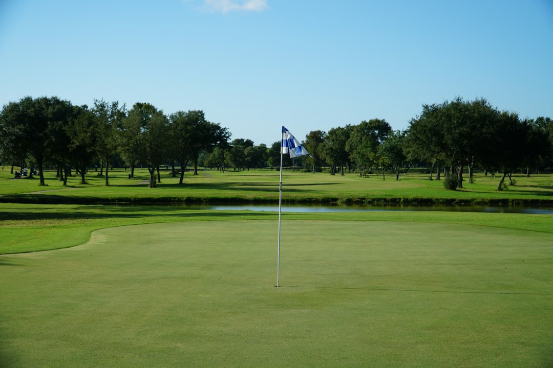 A golf course fairway and green looking lush and green