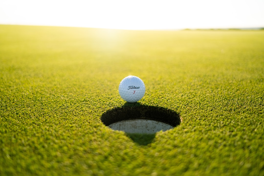 A white golf ball sitting on a tee in green grass